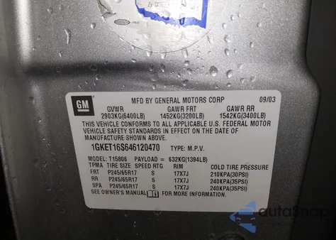 2004 GMC Envoy Xl z USA, uszkodzony, nr VIN 1GKET16S646120470